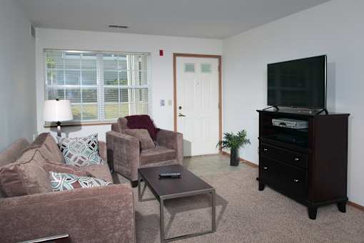 A living room with a couch, chair, and television.