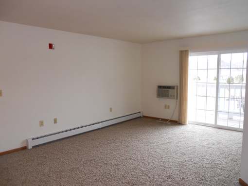 A room with a carpeted floor and a window.