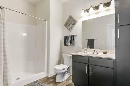 a bathroom with a toilet sink and shower
