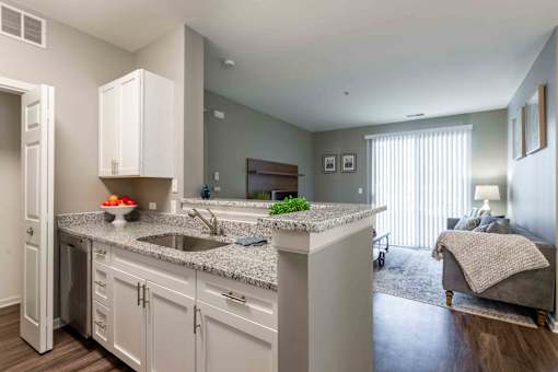 A kitchen with a granite countertop and a sink.