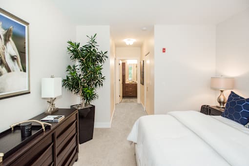 A bedroom with a bed, nightstand, and a plant.