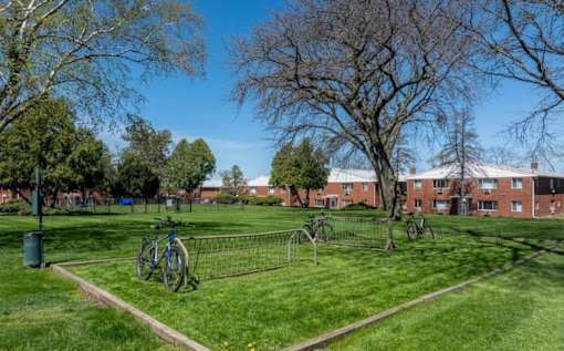 A park with a bicycle and a fence.