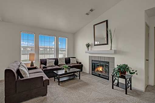 A living room with a fireplace and a couch.