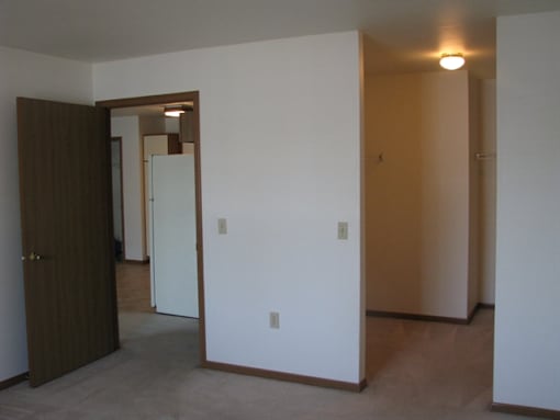 A room with a brown door and a white door.