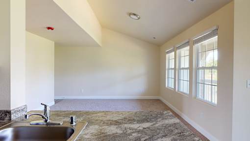 A kitchen with a sink and a rug on the floor.