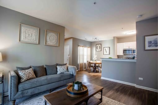 A living room with a grey couch and a coffee table.