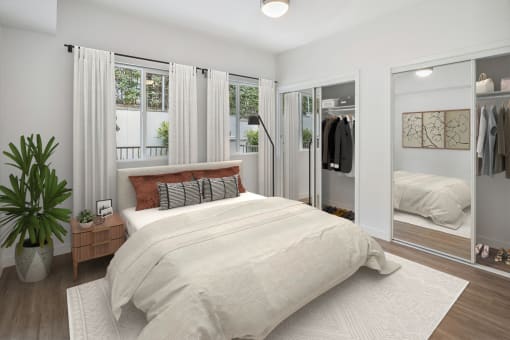 a bedroom with a bed and a closet
