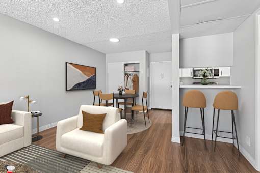 spacious living room in Azusa gardens 1 bed 1 bath apartment home with wood-style plank flooring, large window, and open concept layout leading to dining nook and gorgeous updated kitchen.