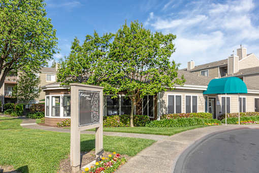 driveway leading into California Place apartments surrounded by lush greenery