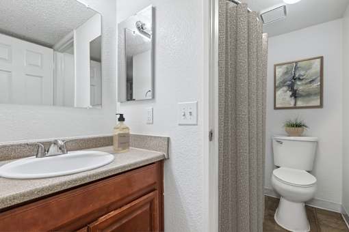 Bathroom in 2 Bed 1 Bath Option B Bent Tree Apartment with wood-style plank flooring, plenty of cabinet space, a large vanity mirror, and a shower/tub