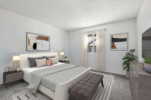 Bedroom in 2 Bedroom 1 Bathroom Bent Tree apartment with carpeted flooring and large window allowing for natural lighting to filter through the space.