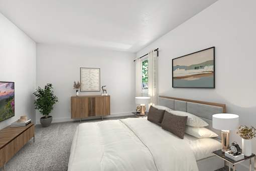 Spacious and cozy bedroom in 1 Bed 1 Bath Option B Bent Tree Apartment with plush carpeted flooring, and a large window allowing for gorgeous natural lighting.