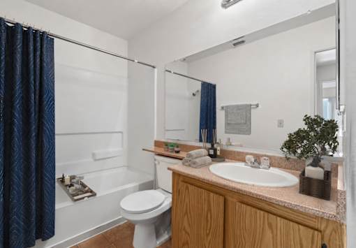 Bathroom in 1 Bed 1 Bath A California Place floor plan with light wood cabinetry, a large vanity mirror and a shower/tub