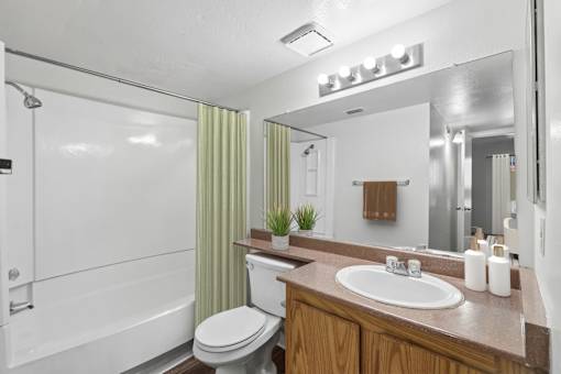 Bathroom in 1 Bed 1 Bath B California Place apartment home with light wood cabinets, a large vanity mirror, and shower/tub