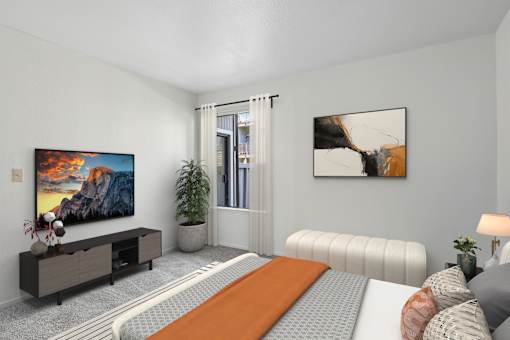 Spacious bedroom in 1 bed 1 bath B apartment home at California place with carpeted flooring and window allowing for gorgeous natural lighting