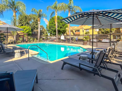 swimming pool with chair lounge and umbrella