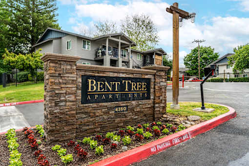 Entrance to Bent Tree Apartments with stone monument sign and large trees providing a cozy atmosphere