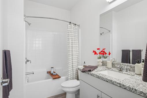 Modern bathroom with bathtub and granite countertop at Altitude Apartments, California, 92553