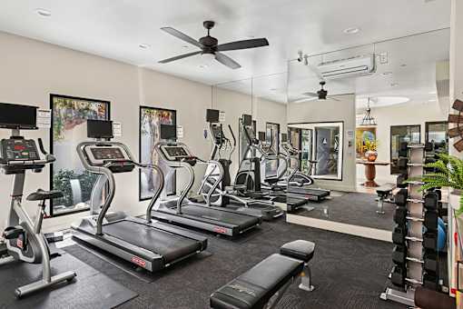 A spacious gym with treadmills, elliptical machines, and a ceiling fan.