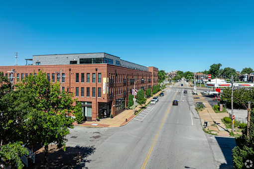 an aerial view of a city street with a brick building at 1400 Russell Apartments, Saint Louis, MO