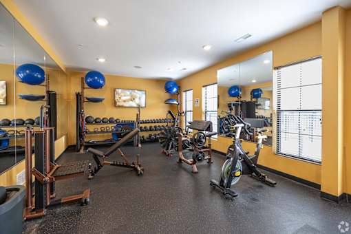 a gym with exercise equipment and mirrors on the wall at 1400 Russell Apartments, Saint Louis, MO, 63104