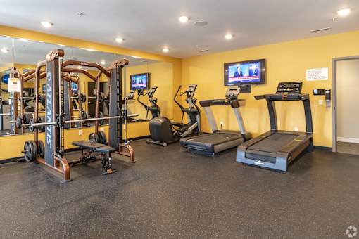 a gym with treadmills and other exercise equipment and a tv at 1400 Russell Apartments, Saint Louis