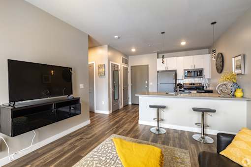 a living room with a kitchen and a television at 1400 Russell Apartments, Saint Louis, Missouri
