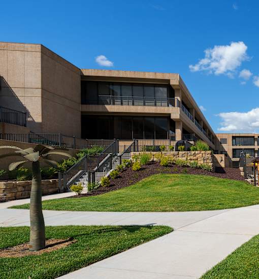 A modern building with a palm tree in front. at The Residences at Tesson Ridge Apartments, Saint Louis, MO