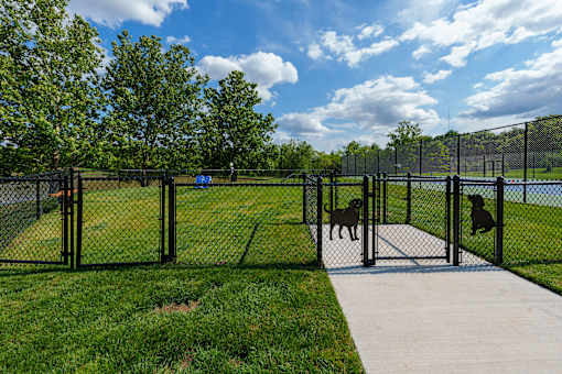 A dog park with a fence and a dog jumping over it. at The Residences at Tesson Ridge Apartments, Missouri, 63128