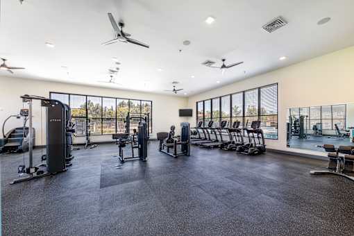 A spacious gym with various exercise equipment and a large window.