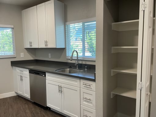 a kitchen with white cabinets and a stainless steel sink