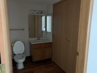 a bathroom with a toilet sink and mirror