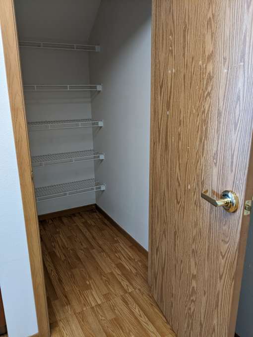 a walk in closet with a wooden door and a wooden floor