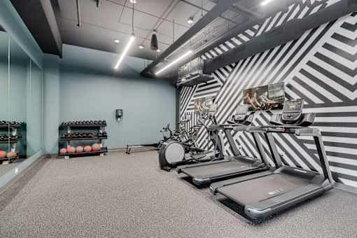 A gym with treadmills, exercise bikes, and dumbbells. at The Shale, Minneapolis Minnesota