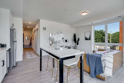 kitchen with a white table at The Shale, Minneapolis, MN 55406