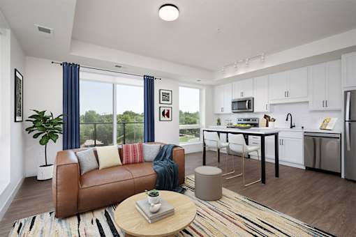living room with a brown leather at The Shale, Minneapolis, 55406