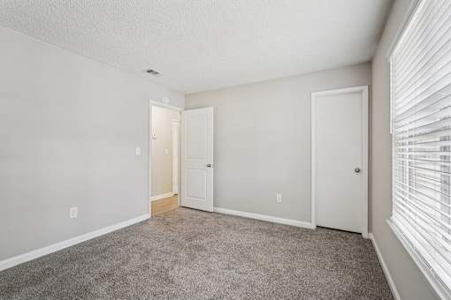 A room with a carpeted floor and two white doors.