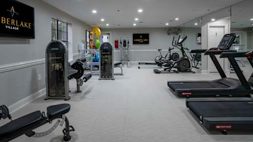 Apartments for Rent in Duluth, GA - Amberlake Village - Fitness Center With Treadmills, Strength Machines, Exercise Bikes, Mirrored Wall, And Bright Overhead Lighting.