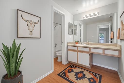 A bathroom with a cow skull on the wall.