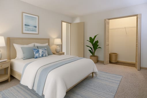 Townhomes for Rent in Duluth, GA - Amberlake Village - Bedroom With Neutral Bedding, Light Wood Furniture, Soft Blue Accents, Open Closet, And Wall Art Above Bed.
