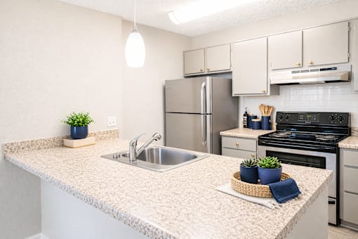 A kitchen with a granite countertop and stainless steel appliances.