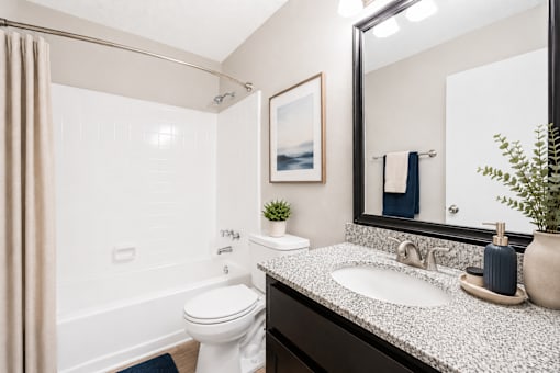 A bathroom with a white toilet, a sink, and a mirror.