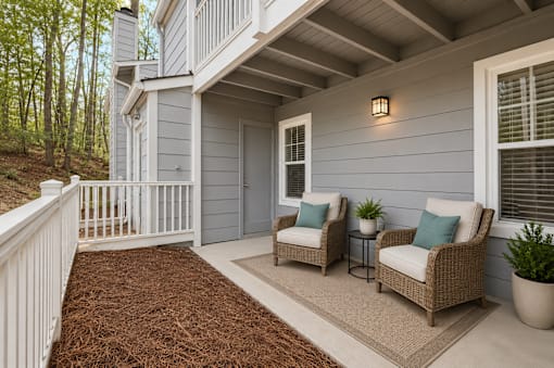 A house with a white fence and a grey house with two chairs and a table outside.