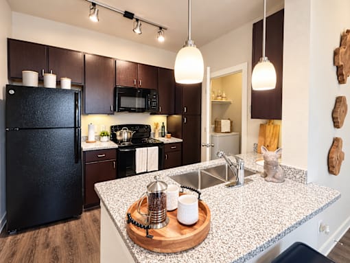 A kitchen with a black fridge and a granite counter top.
