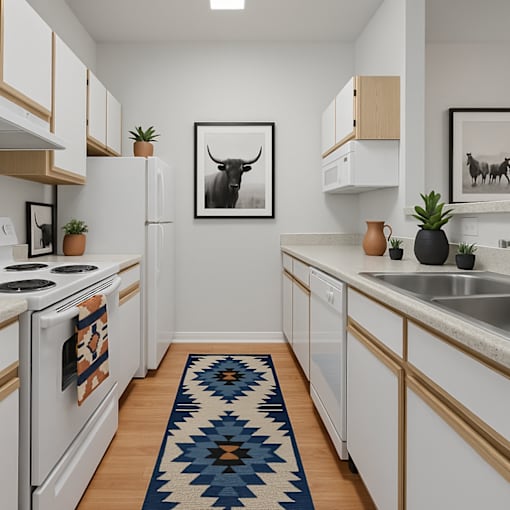 A kitchen with white cabinets and a blue rug on the floor.
