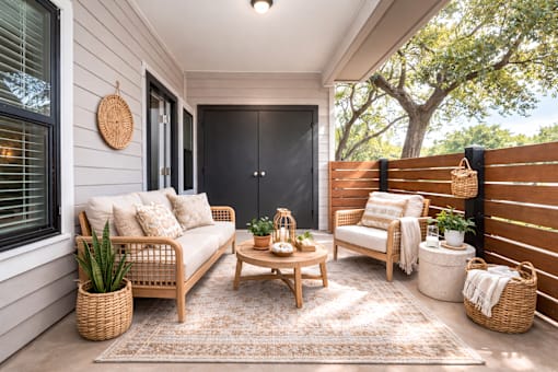 A sunny patio with a sofa, chairs, and a table.