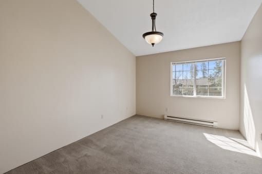 empty room with carpet, white walls, chandelier in center, and window.