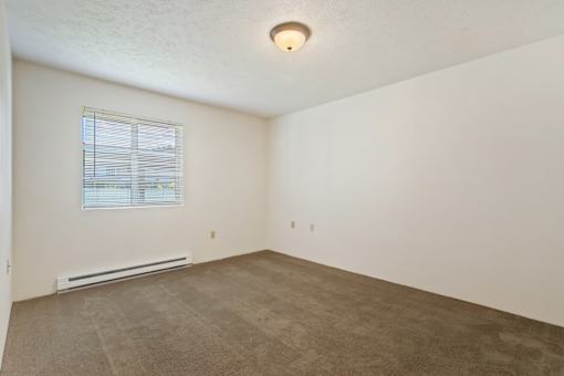 the living room of an apartment with carpet and a window