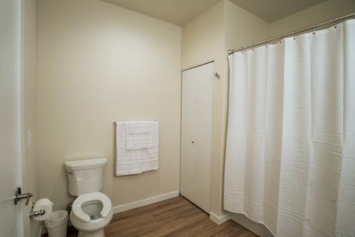 A white toilet sits next to a white shower curtain in a bathroom.