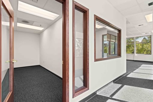 office space in a building with doors and windows